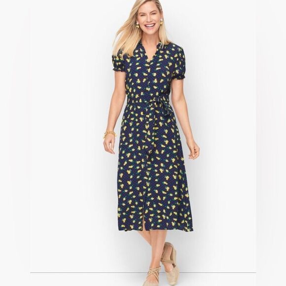 Talbots Dress Women's 22W Navy Lemon Print Button Up Short Sleeve Belted NWT - Picture 1 of 12